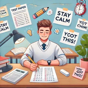 Estudiante resolviendo un examen con paciencia y seguridad