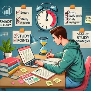 Joven sentado en su computador estudiando para un examen