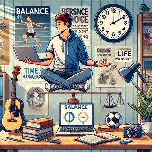 Estudiante sentando en una balanza simbolizando el equilibrio que debe de existir entre el estudio y la vida personal