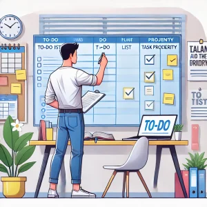 Joven organizando sus tareas y proyectos en un tablero
